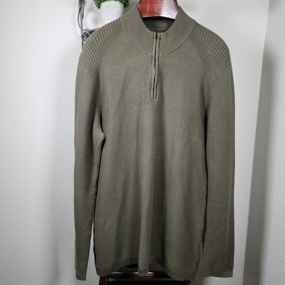 Flag & Anthem Mens XL Olive Green Ribbed 1/4 Zip Pullover Sweater‎ 100% Cotton